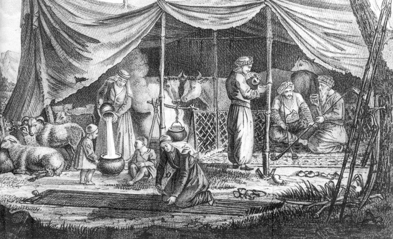 कौरिश नोमैड्स का एक परिवार, गैस्पर्ड ड्रोविल के वायस एन पियर्स से, 1825 में प्रकाशित हुआ द्वारा फ्रेंच स्कूल
