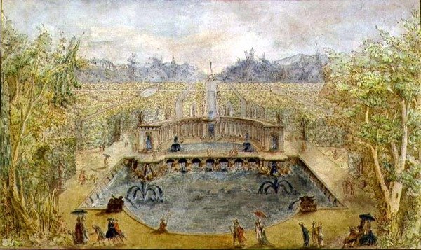 फव्वारे के साथ एक औपचारिक उद्यान, c.1770 (कागज पर कलम और स्याही और पानी के रंग का) द्वारा फ्रेंच स्कूल