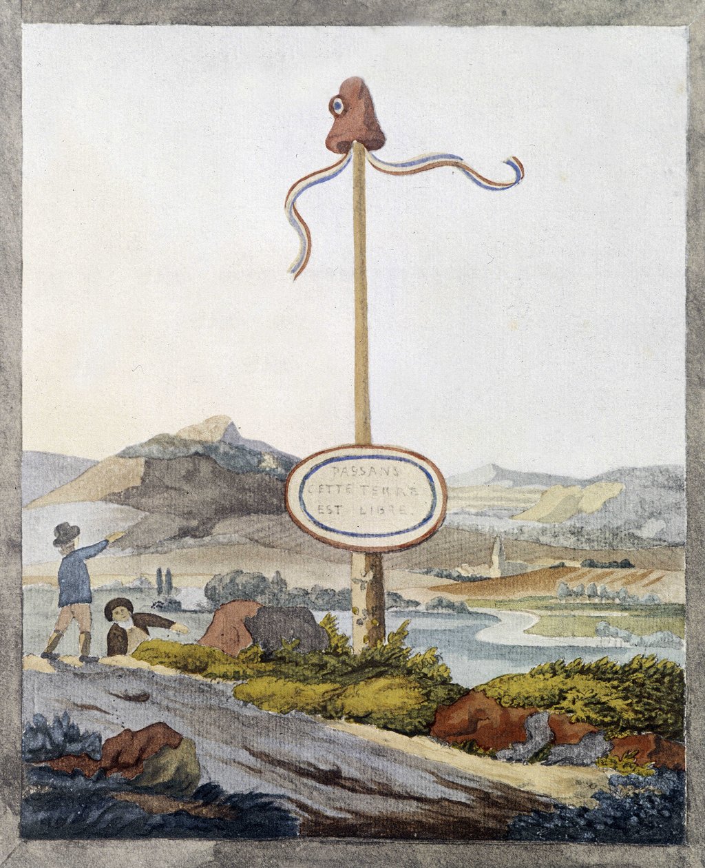1789 की क्रांति के समय एक फ्रांसीसी सीमा: "यात्रियों, यह भूमि स्वतंत्र है" द्वारा फ्रेंच स्कूल