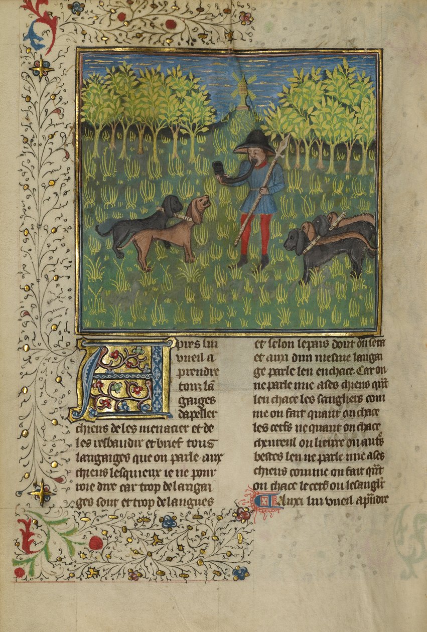 एक हंटर प्रशिक्षण कुत्तों को हॉर्न की कॉल का जवाब देने के लिए, c.1430-40 (समता पर सोना, चांदी और पेंट और सोने की पत्ती) द्वारा फ्रेंच स्कूल