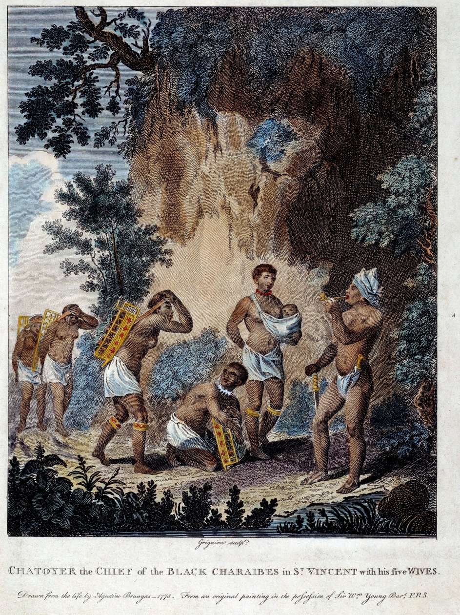 वेस्ट इंडीज में सेंट विंसेंट द्वीप से एक करीब शेफ अपनी पांच महिलाओं के साथ 19 वीं सदी के चार्टर्स की नक्काशी, मुसी डेस बेक्स आर्ट्स द्वारा फ्रेंच स्कूल