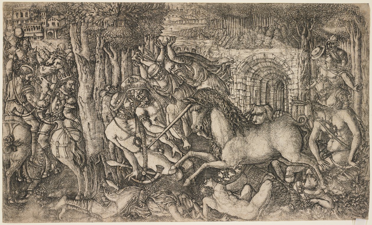 एक राजा ने एक गेंडा द्वारा पीछा किया, c.1547 द्वारा फ्रेंच स्कूल