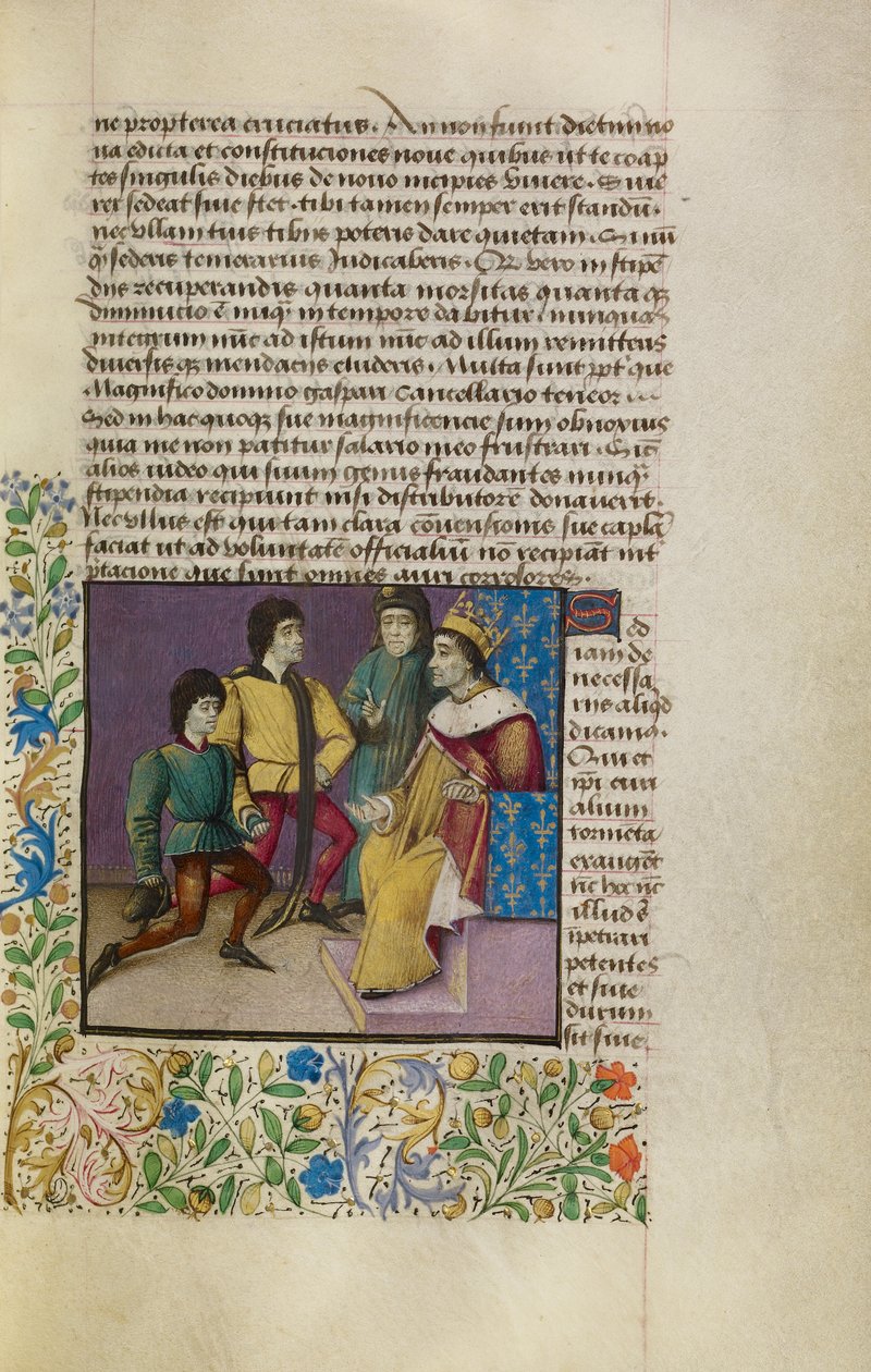 कोर्ट में एक राजा, c.1460-70 (ताप, सोने की पत्ती, पेंट और चर्मपत्र पर स्याही) द्वारा फ्रेंच स्कूल