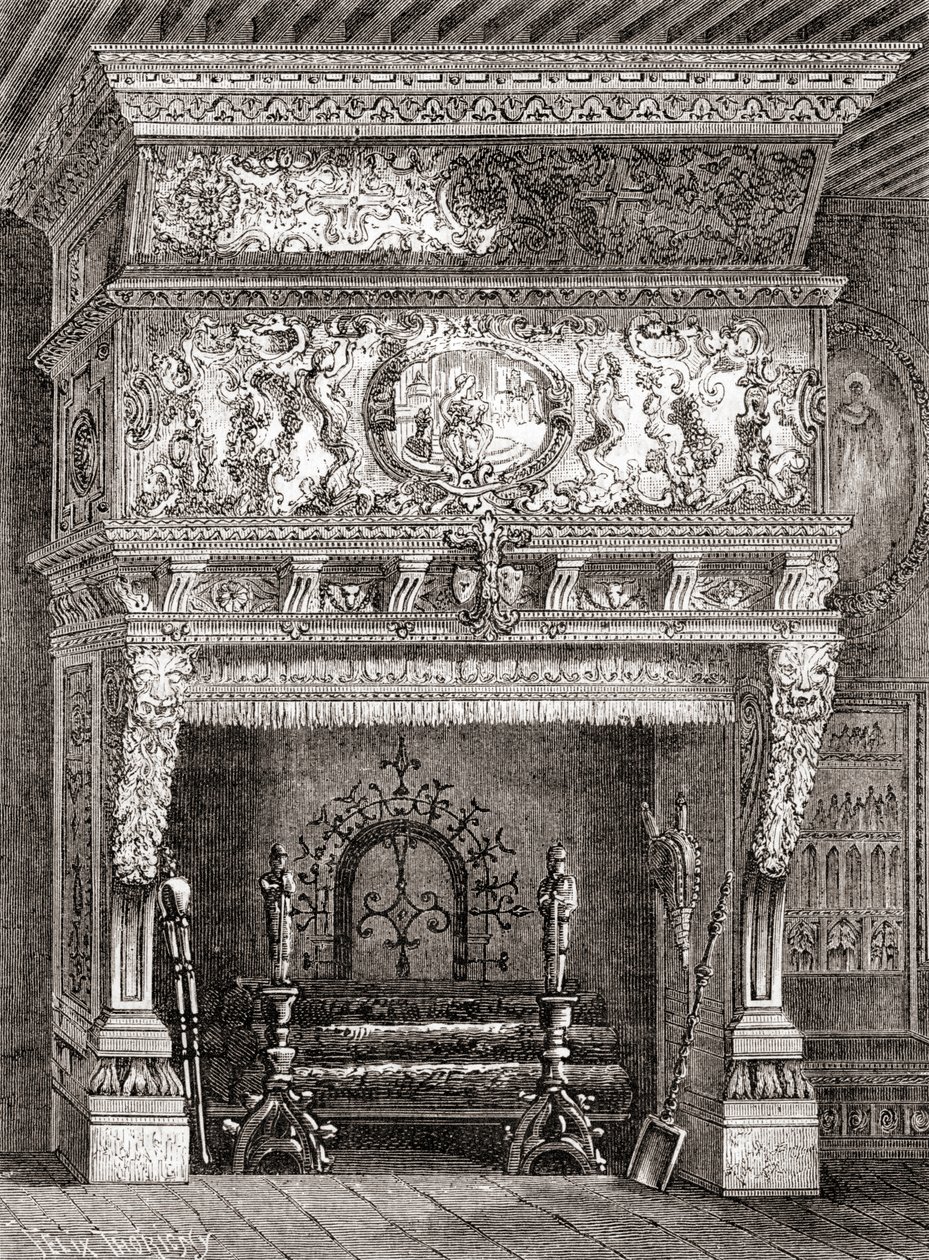 द क्लूनी म्यूज़ियम, पेरिस, फ़्रांस में एक पुनर्जागरण चिमनी, 'लेस मर्वेल्स डे ला साइंस' से, प्रकाशित c.1870 (उत्कीर्णन) द्वारा फ्रेंच स्कूल