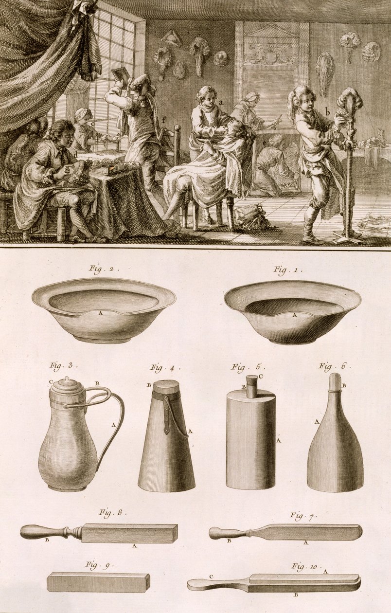 एनसाइक्लोपीडी डेस साइंसेज एट मेटियर्स से डेनिस डाइडरॉट (1713-84) द्वारा नाई और नाई के उपकरण प्रकाशित c.1770 द्वारा फ्रेंच स्कूल