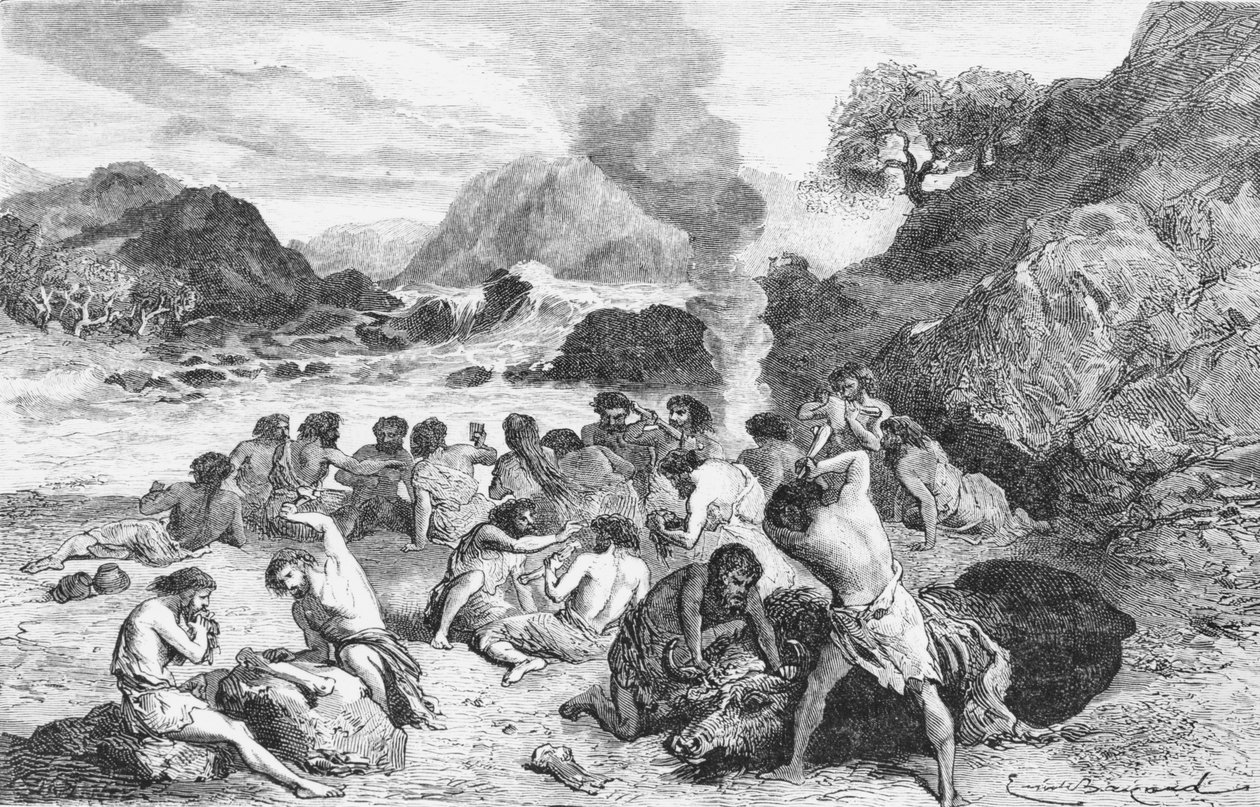 पाषाण युग के दौरान एक दावत, लुई फिगर द्वारा LHomme Primitif का चित्रण, हचेथ द्वारा प्रकाशित, 1870 द्वारा फ्रेंच स्कूल