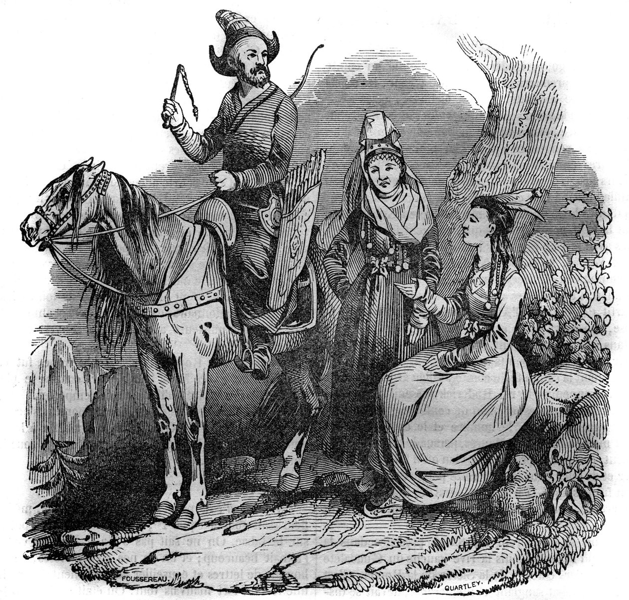 पारंपरिक पोशाक में किर्गिज़ (किर्गिज़) कोसैक्स का एक समूह। "" सुरम्य स्टोर "" 1835 . में द्वारा फ्रेंच स्कूल