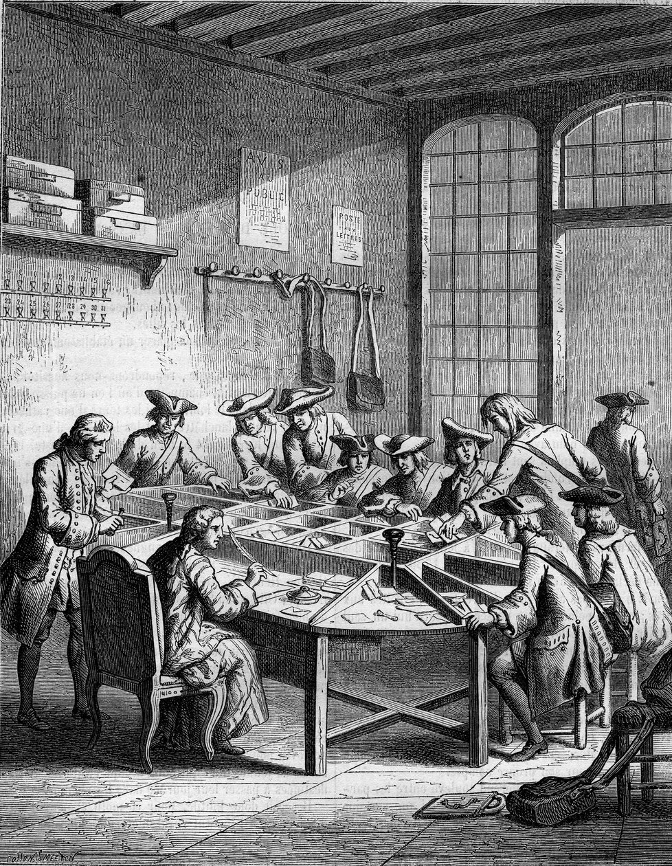 लुई XV (1715 से 1774) के युग में फ्रांस में एक डाकघर। द्वारा फ्रेंच स्कूल