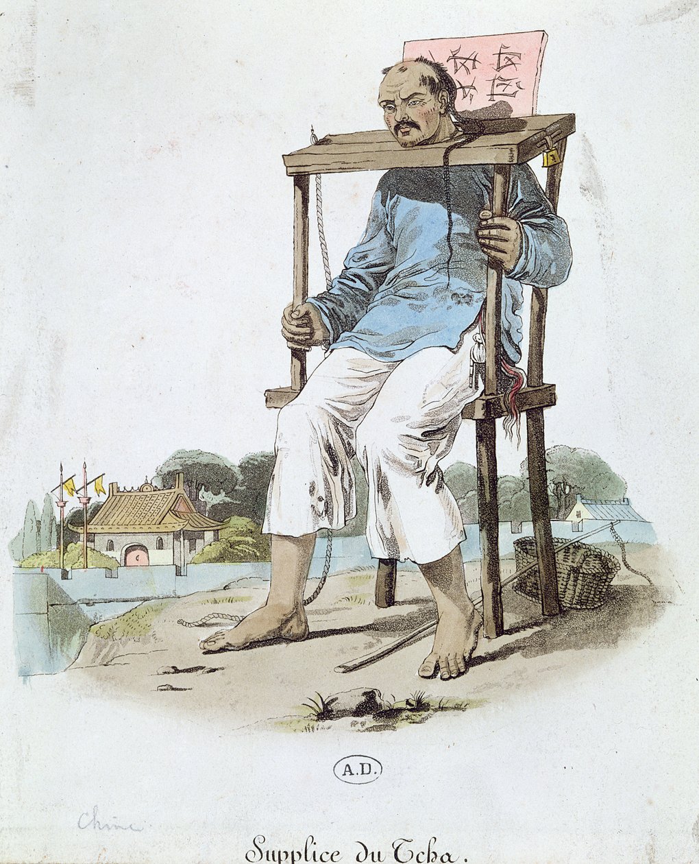 चीन में कैंग्यू में एक कैदी, c.1800 (रंग उत्कीर्णन) द्वारा फ्रेंच स्कूल