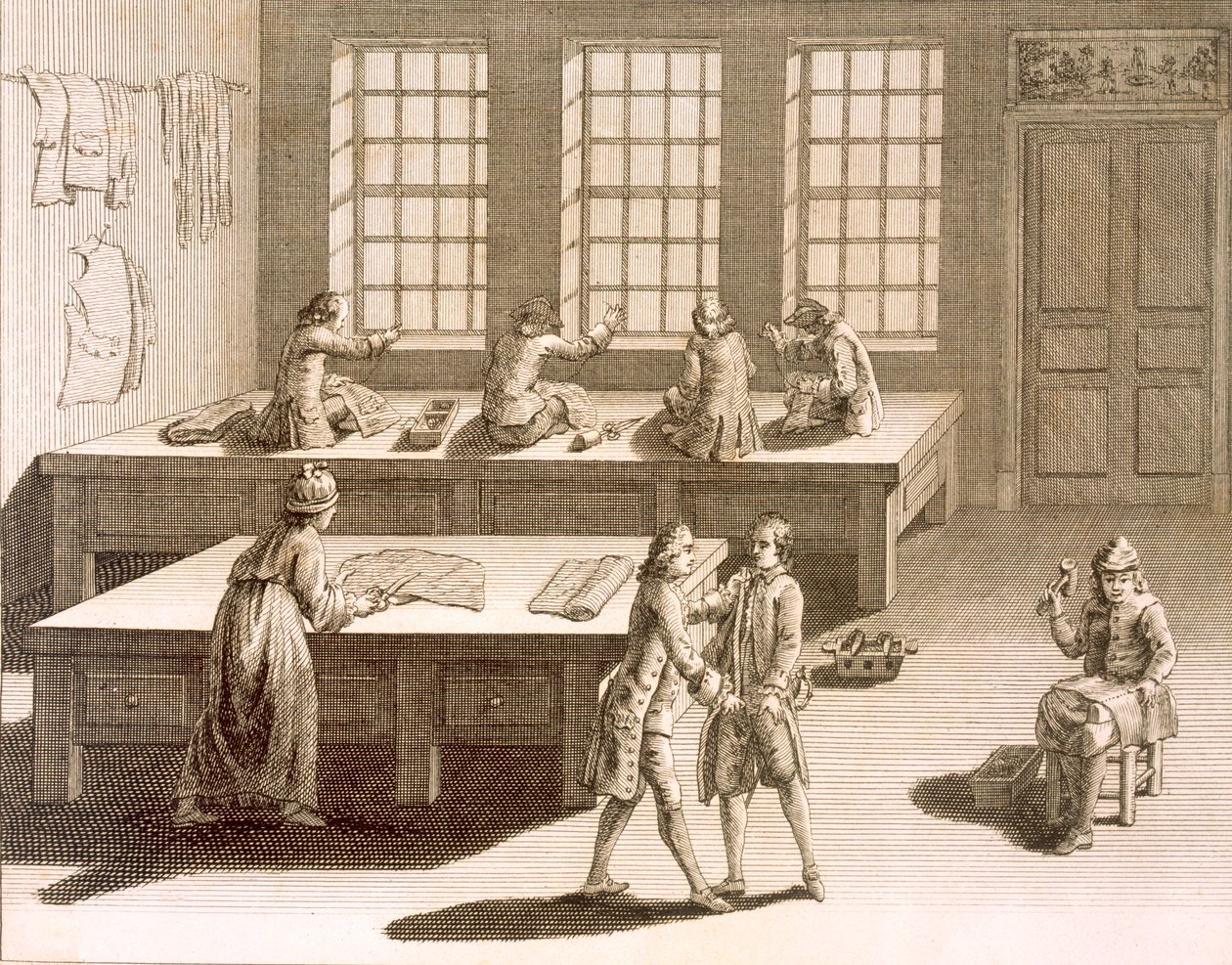 एनसाइक्लोपी डेस साइंसेज एट मेटियर्स द्वारा डेनिस डाइडरॉट (1713-84) से एक दर्जी कार्यशाला, 13.170 द्वारा फ्रेंच स्कूल
