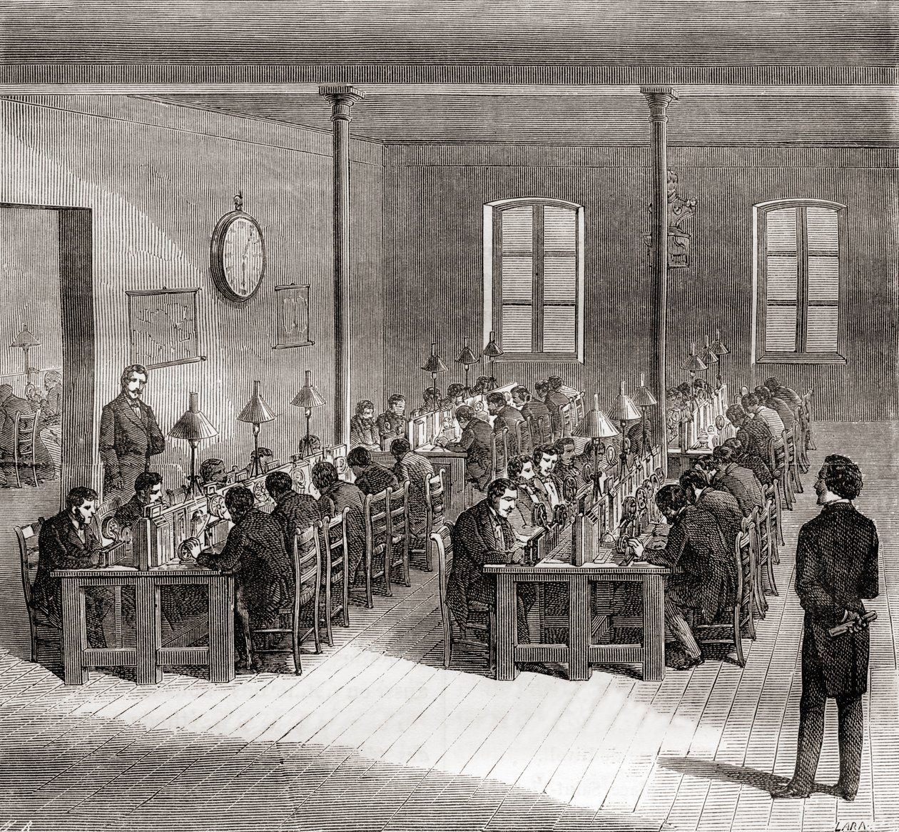 पेरिस, फ्रांस में एक टेलीग्राफ स्टेशन c.1870, Les Merveilles de la Science से, प्रकाशित c.1870 (उत्कीर्णन) द्वारा फ्रेंच स्कूल