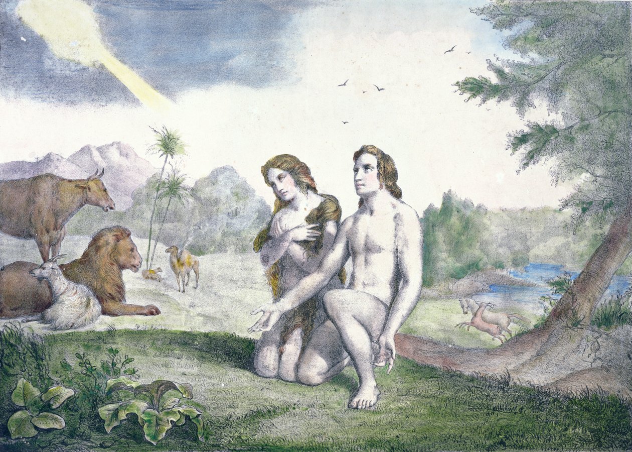 अदन और ईडन गार्डन में ईव, 19 वीं सदी के उत्तरार्ध (रंग उत्कीर्णन) द्वारा फ्रेंच स्कूल