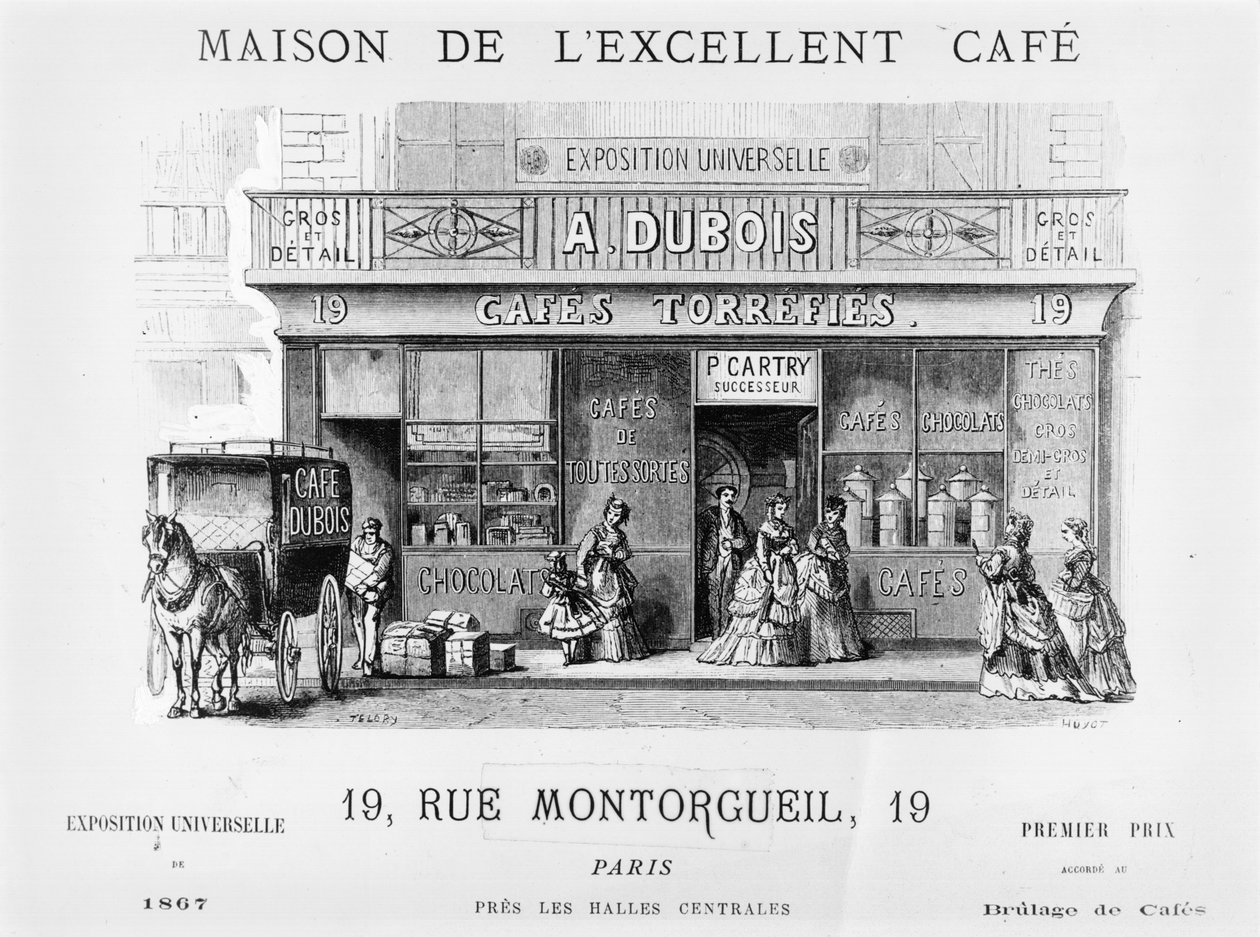Rue Montorgueil, Paris में कॉफी विक्रेता के लिए विज्ञापन, c.1870 द्वारा फ्रेंच स्कूल