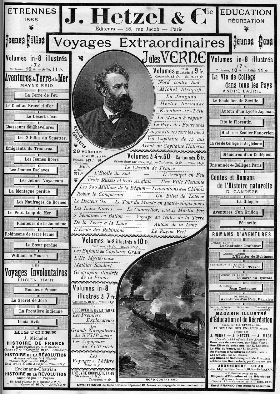 जूल्स वर्ने के उपन्यासों के लिए विज्ञापन वर्ष 1887 के अंत में, संपादक जे. हेट्ज़ेल। द्वारा फ्रेंच स्कूल