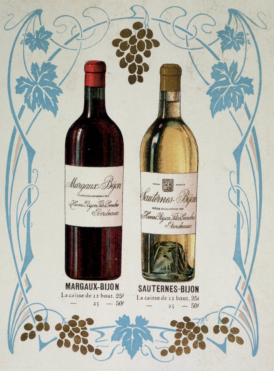 शराब Margaux-Bijon (Margaux Bijon) और Sauternes-Bijon (Sauternes Bijon) की बिक्री के लिए विज्ञापन, 12 बोतलों में से 25frs, 25 पर 50frs द्वारा फ्रेंच स्कूल