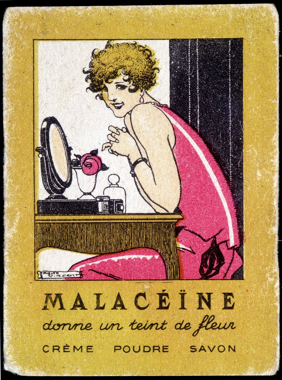 Malacéine सौंदर्य उत्पादों के लिए विज्ञापन पोस्टकार्ड। लगभग 1920. द्वारा फ्रेंच स्कूल