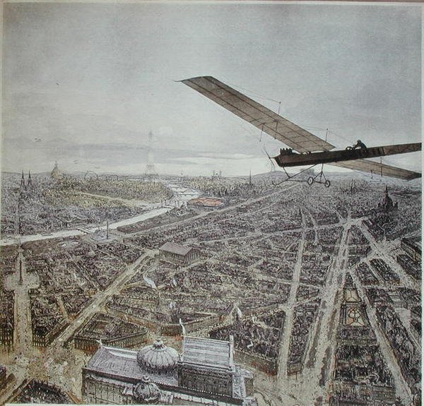 पेरिस के ऊपर से उड़ान भरने वाला हवाई जहाज, 1911 के कैलेंडर के लिए चित्रण (रंग लिथो) द्वारा फ्रेंच स्कूल