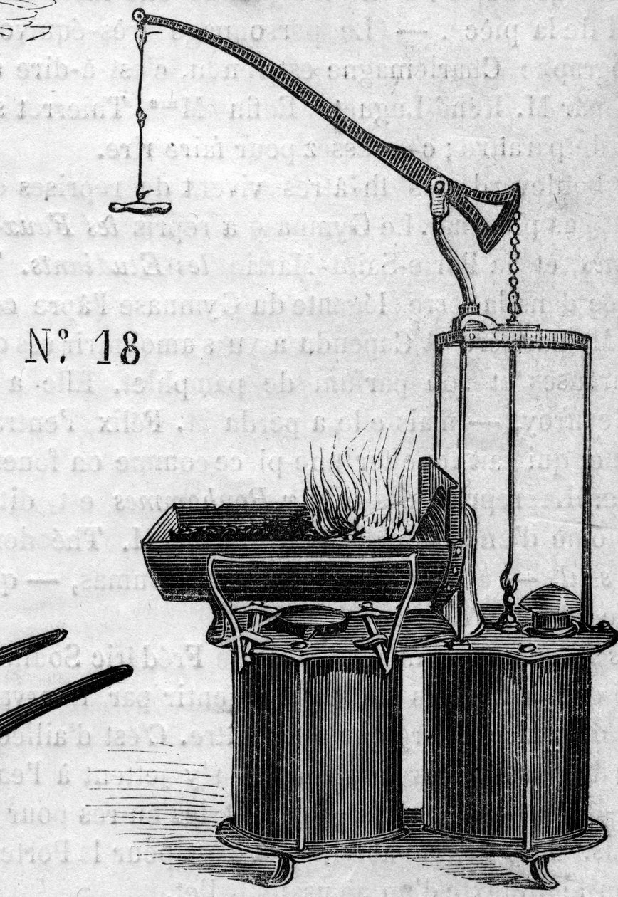कृषि मशीन: 1860 में पेरिस कृषि प्रतियोगिता में प्रस्तुत एक डबल विंड पिस्टन फोर्ज। 28 जुलाई 1860 के "ले मोंडे इलस्ट्र्रे" एन ° 172 में उत्कीर्णन। द्वारा फ्रेंच स्कूल