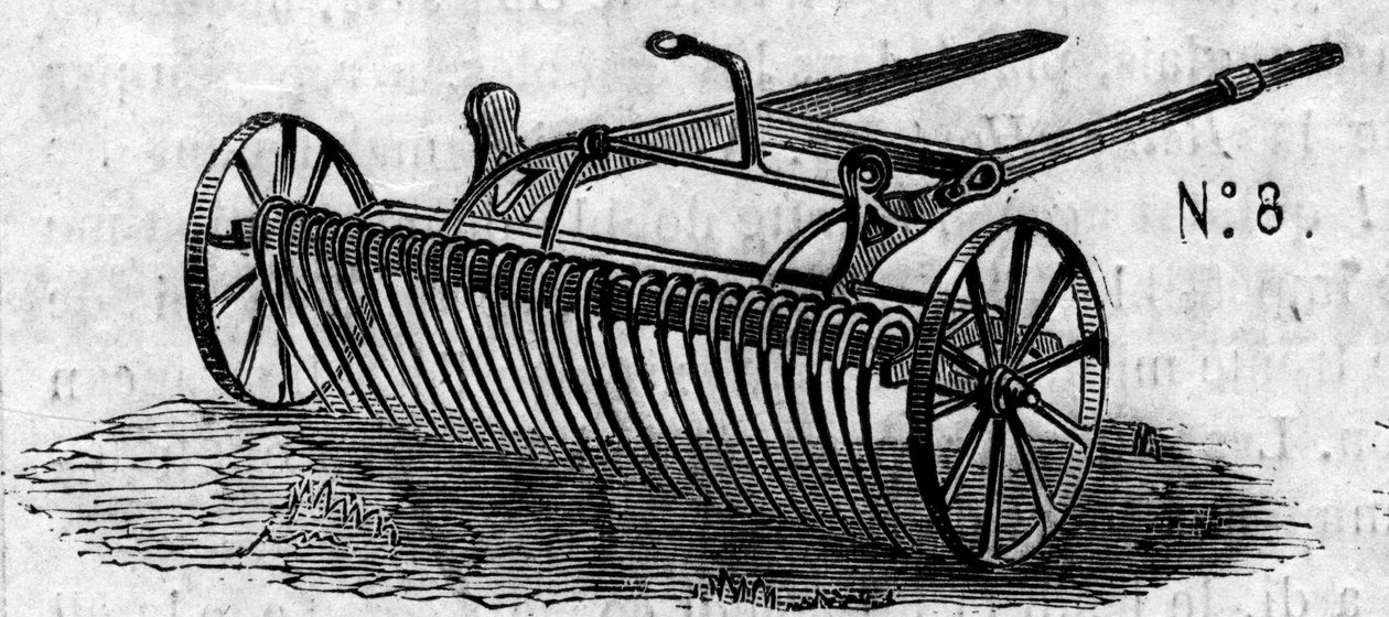 कृषि मशीन: 1860 में पेरिस कृषि प्रतियोगिता में प्रस्तुत एक अंग्रेजी घोड़ा रेक। 7 जुलाई 1860 के "ले मोंडे इलस्ट्र्रे" एन °169 में उत्कीर्णन। द्वारा फ्रेंच स्कूल