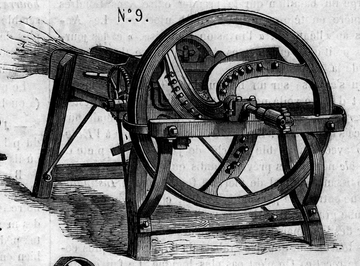 कृषि मशीन: 1860 में पेरिस कृषि प्रतियोगिता में प्रस्तुत एक अंग्रेजी पुआल कुल्हाड़ी। 7 जुलाई 1860 के "" ले मोंडे इलस्ट्र्रे"" n ° 169 में उत्कीर्णन। द्वारा फ्रेंच स्कूल