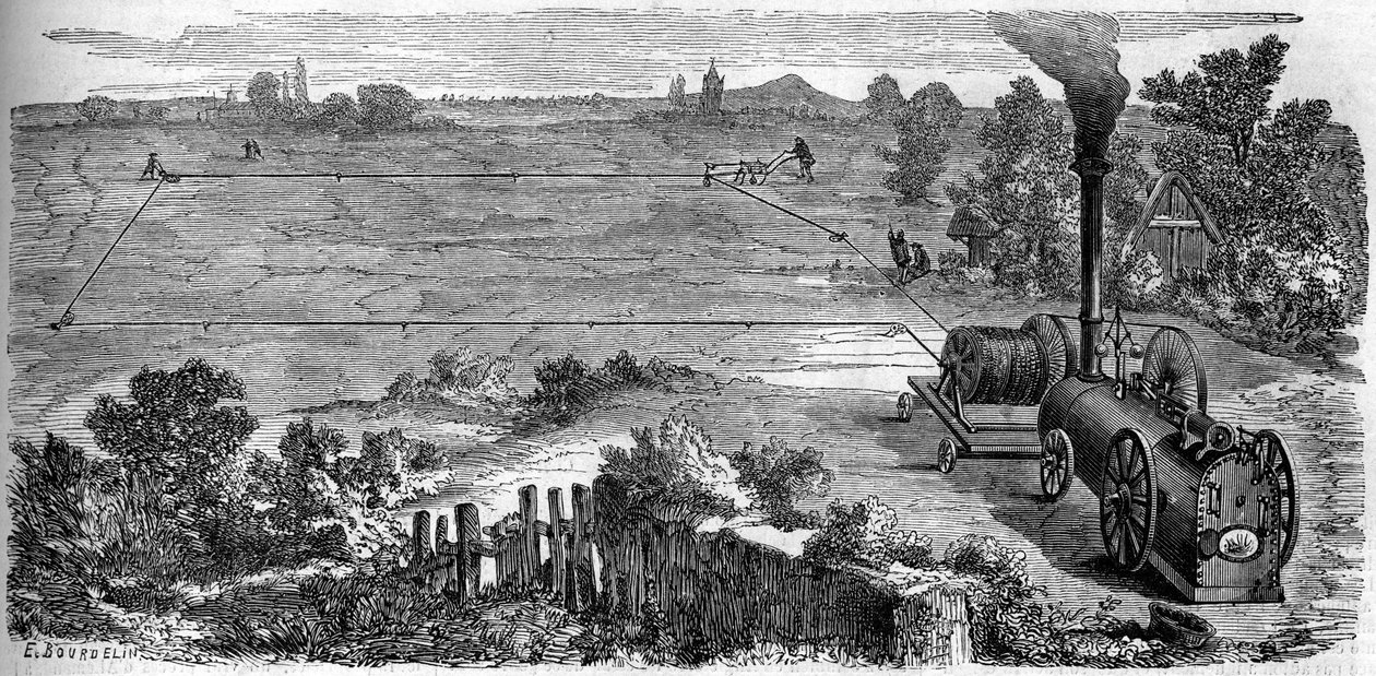 कृषि: किसान अपनी खेती के लिए भाप मशीन का उपयोग करते हैं। 15 अक्टूबर 1859 के "" ले मोंडे इलस्ट्र्रे"" एन °131 में उत्कीर्णन। द्वारा फ्रेंच स्कूल