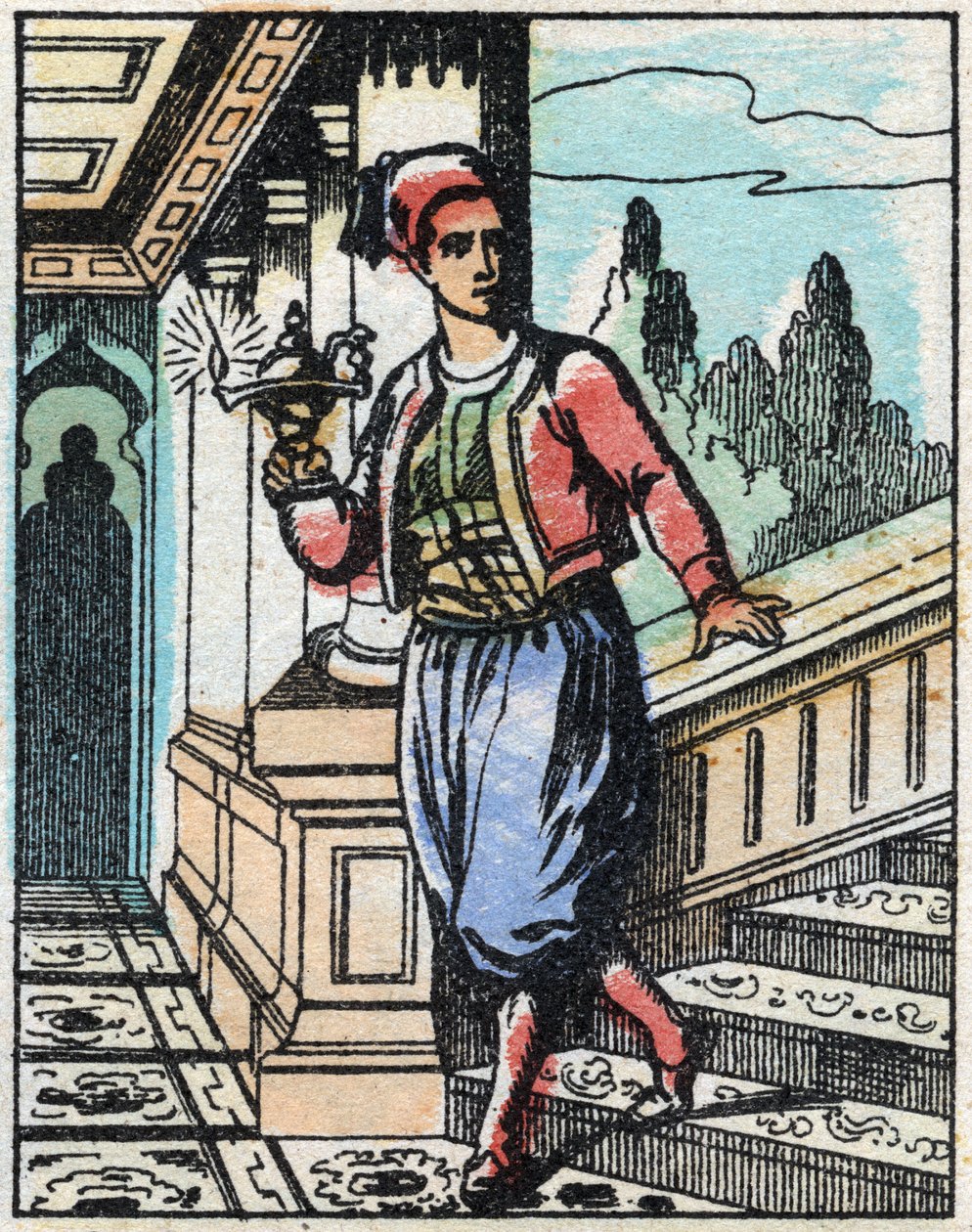 जादुई चिराग के साथ अलादीन अब अपना रास्ता नहीं खोजता। हजार और एक रात की कहानी "अलादीन और अद्भुत चिराग" की नक्काशी। एपिनल इमेजिंग, 19 वीं शताब्दी के अंत में। निजि संग्रह। द्वारा फ्रेंच स्कूल