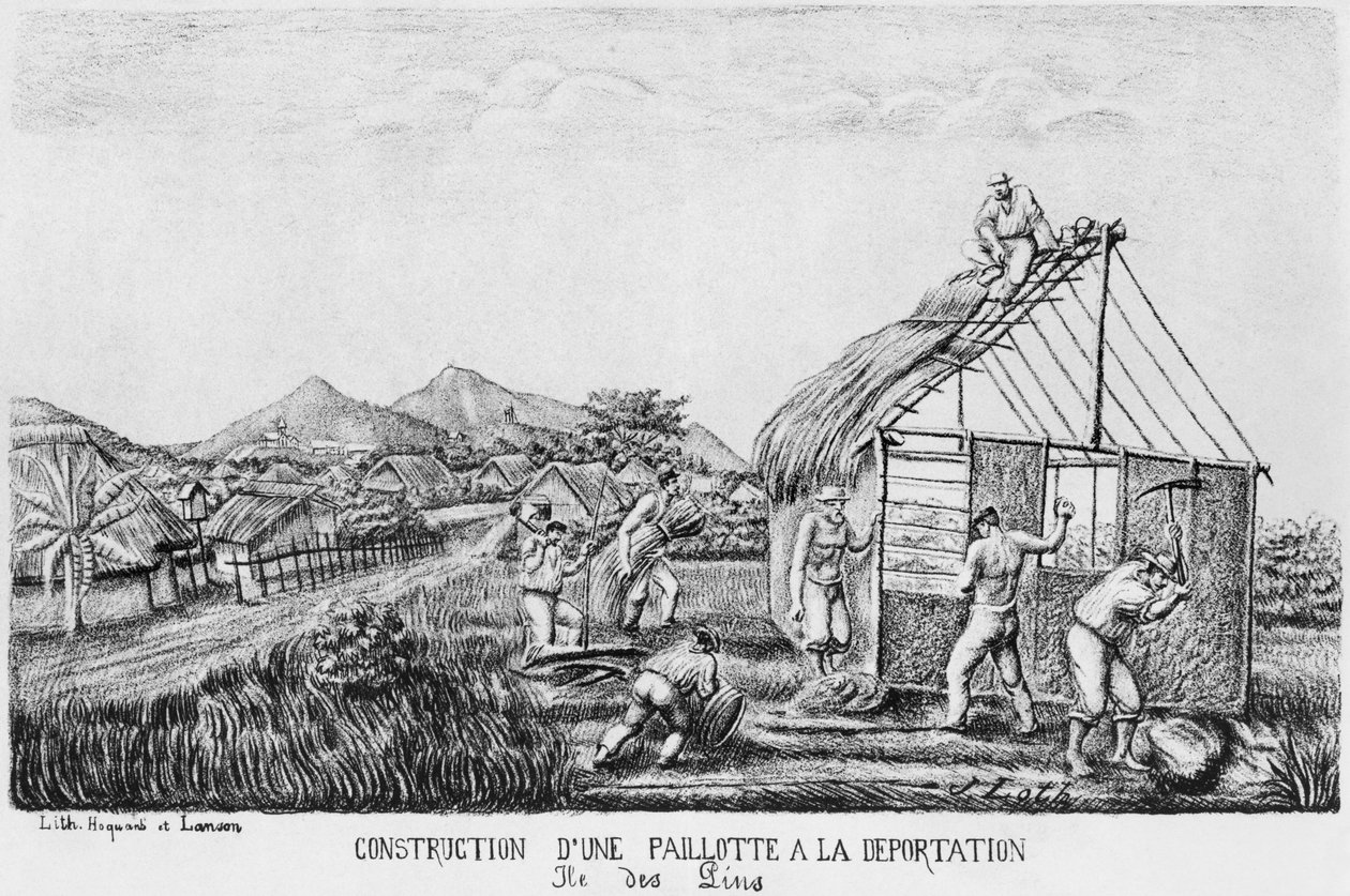 आइल्स ऑफ पाइन्स का एल्बम, 1878-79 में निर्वासितों द्वारा पुआल की झोपड़ी का निर्माण द्वारा फ्रेंच स्कूल