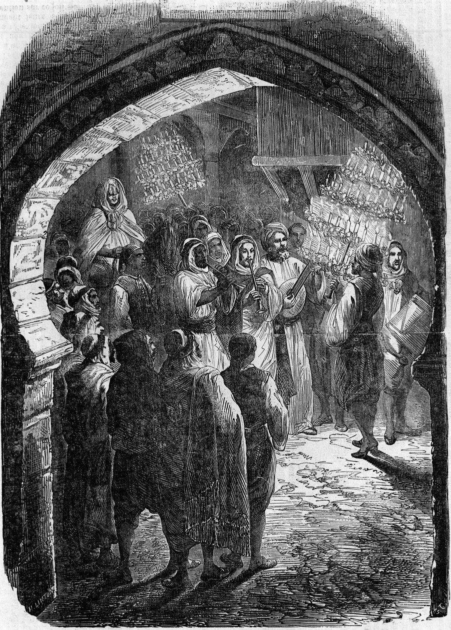 अल्जीरियाई रिवाज - शादी: अल्जीरिया में त्लेमसेन की गलियों में शादी की रात मशाल की रोशनी में चलना द्वारा फ्रेंच स्कूल