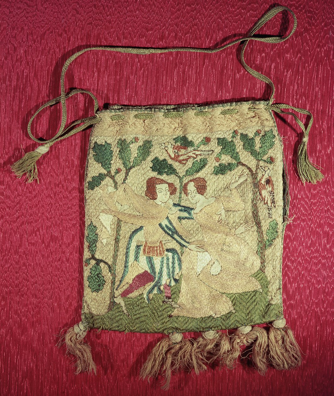 एक शिकारी रिटर्न (कशीदाकारी रेशम) का चित्रण करते हुए पर्स द्वारा फ्रेंच स्कूल