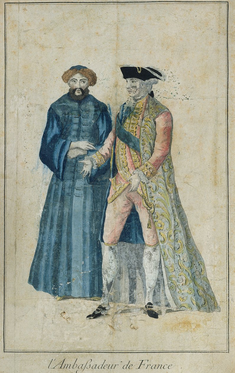 अपने ड्रैगमैन के साथ फ्रांस के एक राजदूत, मुटिएर (रंग उत्कीर्णन) द्वारा उत्कीर्ण द्वारा फ्रेंच स्कूल