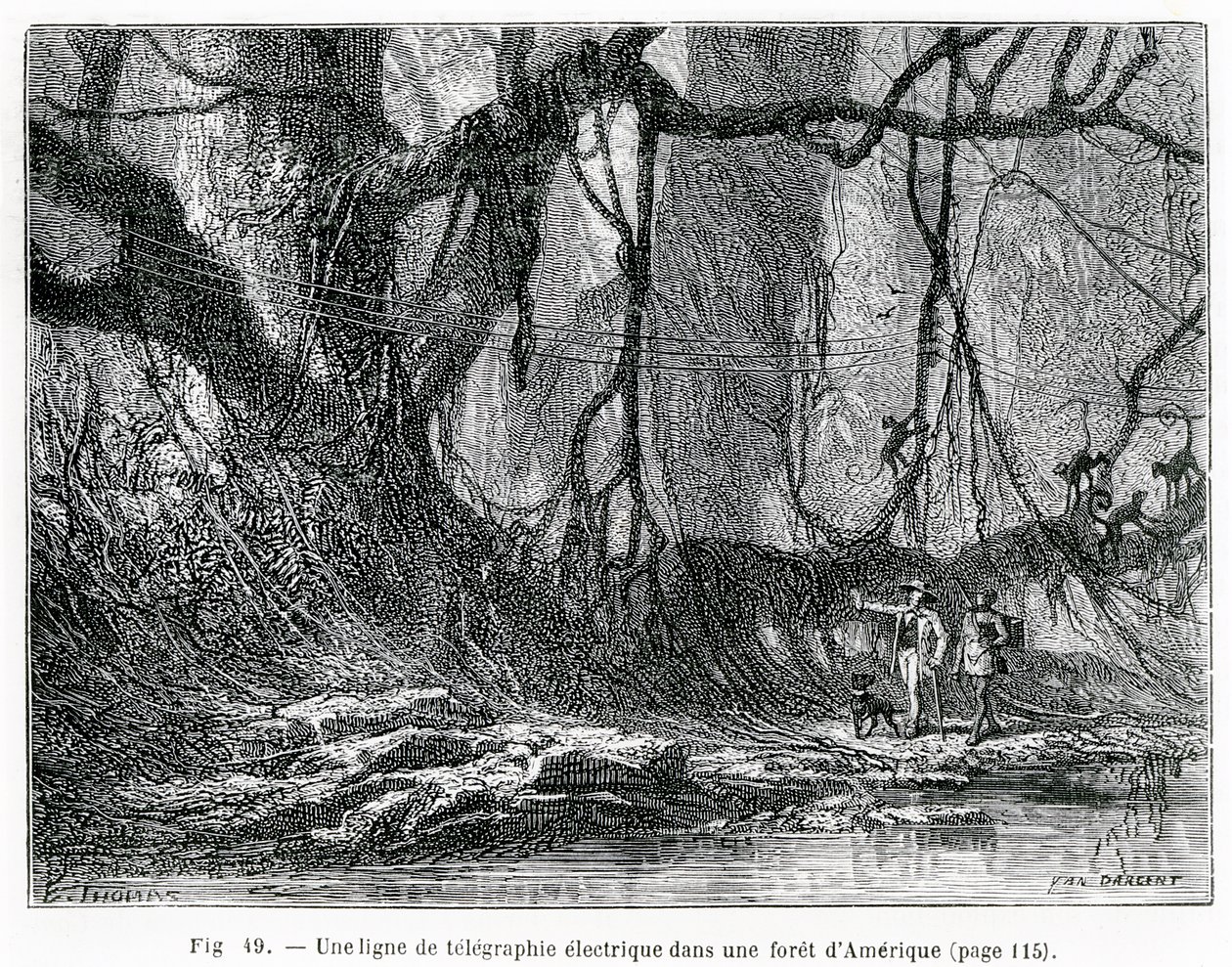 एक अमेरिकी जंगल में एक इलेक्ट्रिक टेलीग्राफ लाइन, c.1870 (उत्कीर्णन) द्वारा फ्रेंच स्कूल