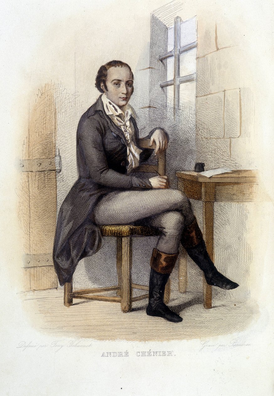 आंद्रे चेनियर (1762-1794), फ्रांसीसी कवि, कंसीयज में - "ले प्लुटार्क फ़्रैंकैस" में, एड। मेनेचेट द्वारा फ्रेंच स्कूल