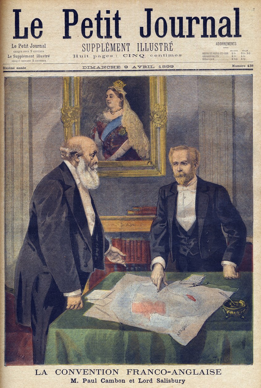 एंग्लो-फ़्रेंच कन्वेंशन लंदन में पॉल कैंबॉन (1843-1924) और लॉर्ड सैलिसबरी (1830-1904) द्वारा 'ले पेटिट जर्नल' से हस्ताक्षरित, 9 अप्रैल 1899 (उत्कीर्णन) द्वारा फ्रेंच स्कूल