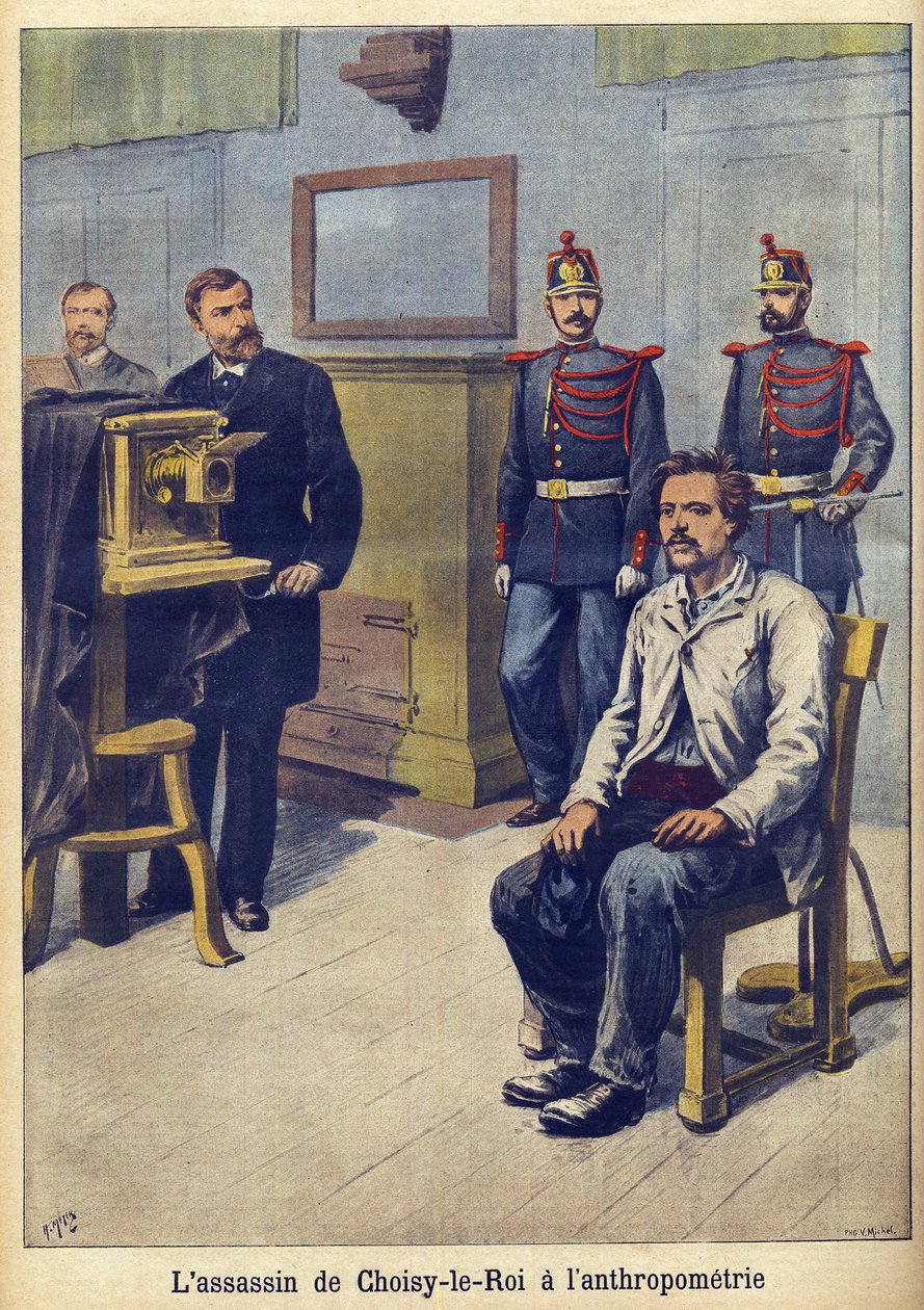 एंथ्रोपोमेट्री - अल्फोंस बर्टिलन (1853-1914) 'ले पेटिट जर्नल' मई 1899 से चित्रण (उत्कीर्णन) द्वारा फ्रेंच स्कूल