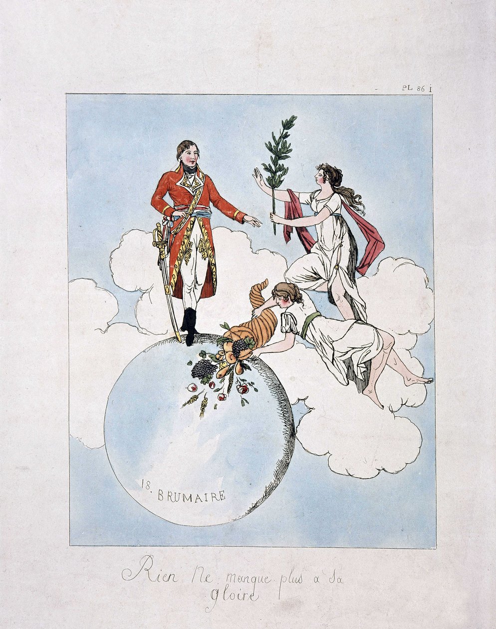 18 ब्रुमेयर वर्ष VIII (9.11.1799) के तख्तापलट के दौरान नेपोलियन-बोनापार्ट का एपोथोसिस। (अप्सराएं उसे लॉरेल और बहुतायत के सींग पेश करती हैं) द्वारा फ्रेंच स्कूल