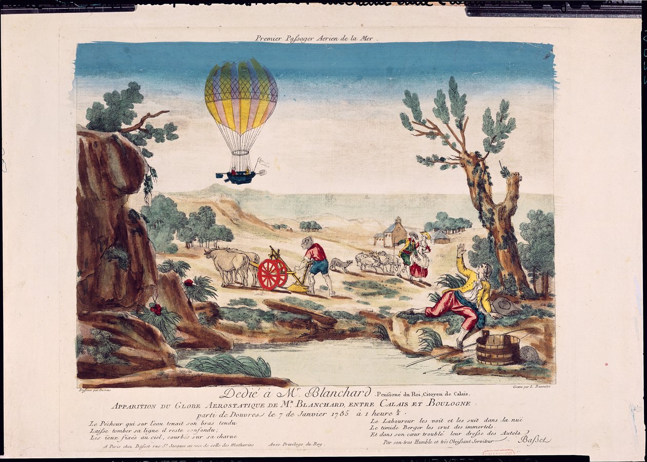 कैलिस और बोलोग्ने के बीच जीन पियरे ब्लांचर्ड (1753-1809) के हॉट-एयर बैलून की उपस्थिति, 1785 द्वारा फ्रेंच स्कूल