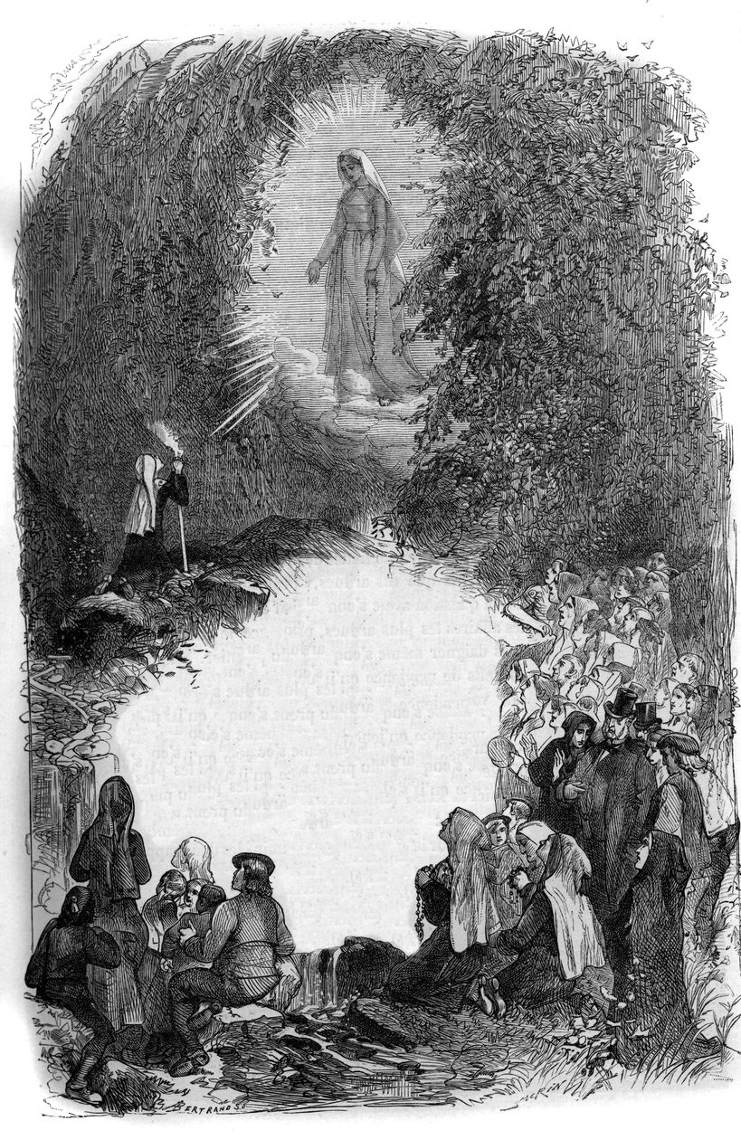 लूर्डेस की गुफा में वर्जिन मैरी की बर्नाडेट सोबिरस (1844-1879) की उपस्थिति, हौट्स पाइरेनीस (65) द्वारा फ्रेंच स्कूल
