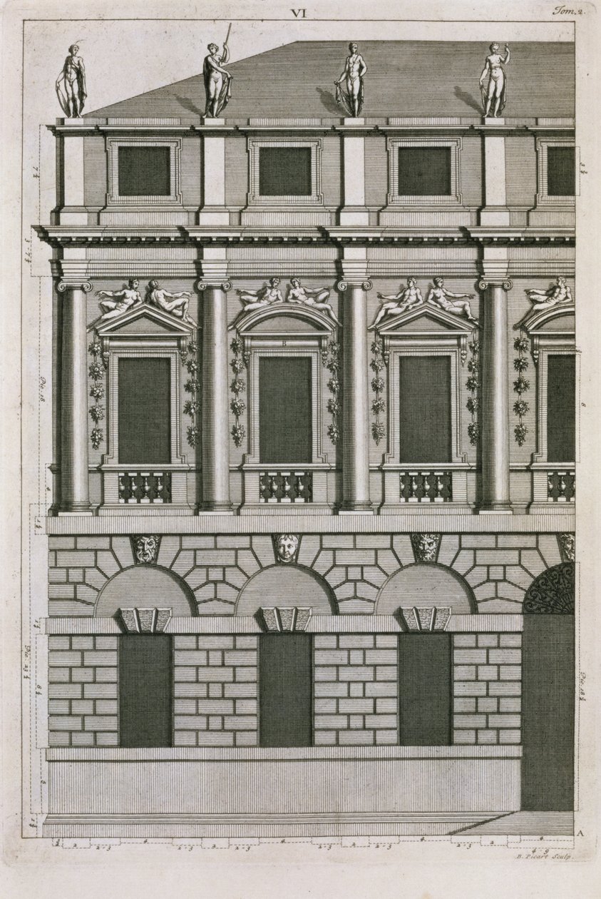 बर्नार्ड पिकार्ट (1673-1733) c.1716 द्वारा उत्कीर्ण पल्लडियन अनुपातों का प्रदर्शन करते हुए वास्तुशिल्प डिजाइन द्वारा फ्रेंच स्कूल
