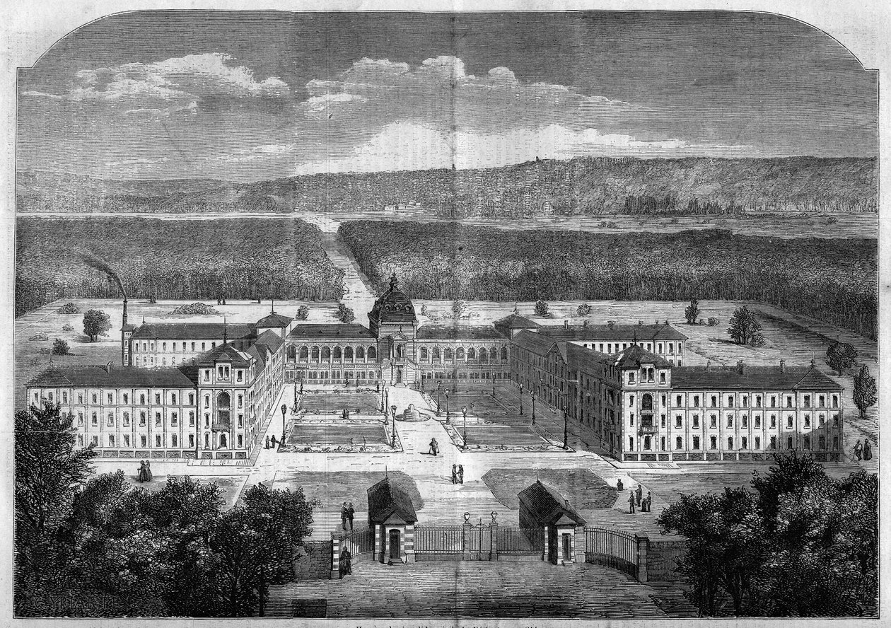 आर्किटेक्चर; आर्किटेक्ट यूजीन लावल (1818-1869) की योजनाओं के अनुसार निर्मित और 1859 में उद्घाटन किया गया, वेसिनेट के दीक्षांत कार्यकर्ताओं के लिए इंपीरियल एसाइलम का सामान्य दृश्य। 2 अक्टूबर 1858 के "ले मोंडे इलस्ट्रे" एन ° 77 में उत्कीर्णन। द्वारा फ्रेंच स्कूल