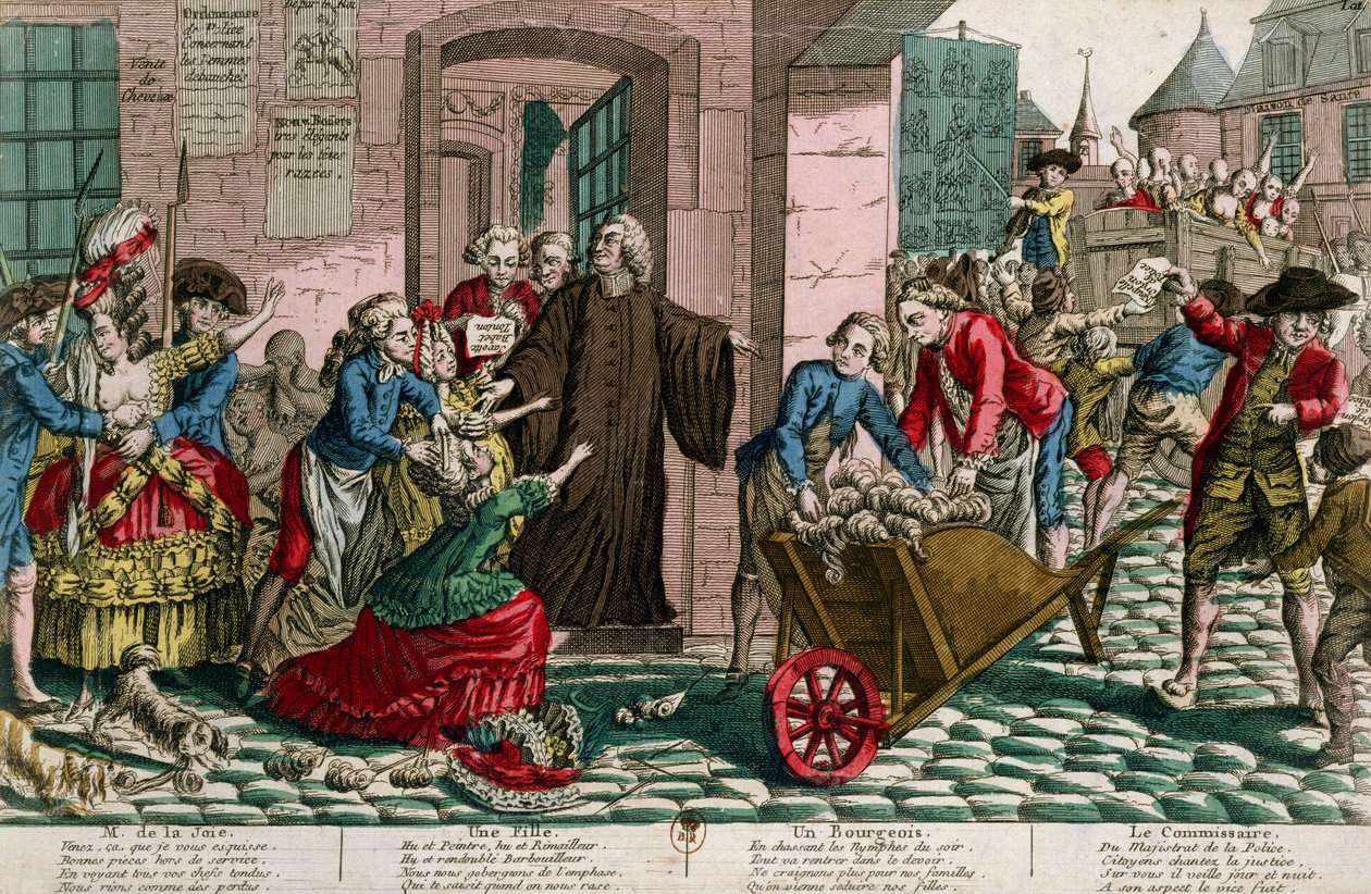 पेरिस में पुलिस द्वारा वेश्याओं की गिरफ्तारी, c.1759 (रंग उत्कीर्णन) द्वारा फ्रेंच स्कूल