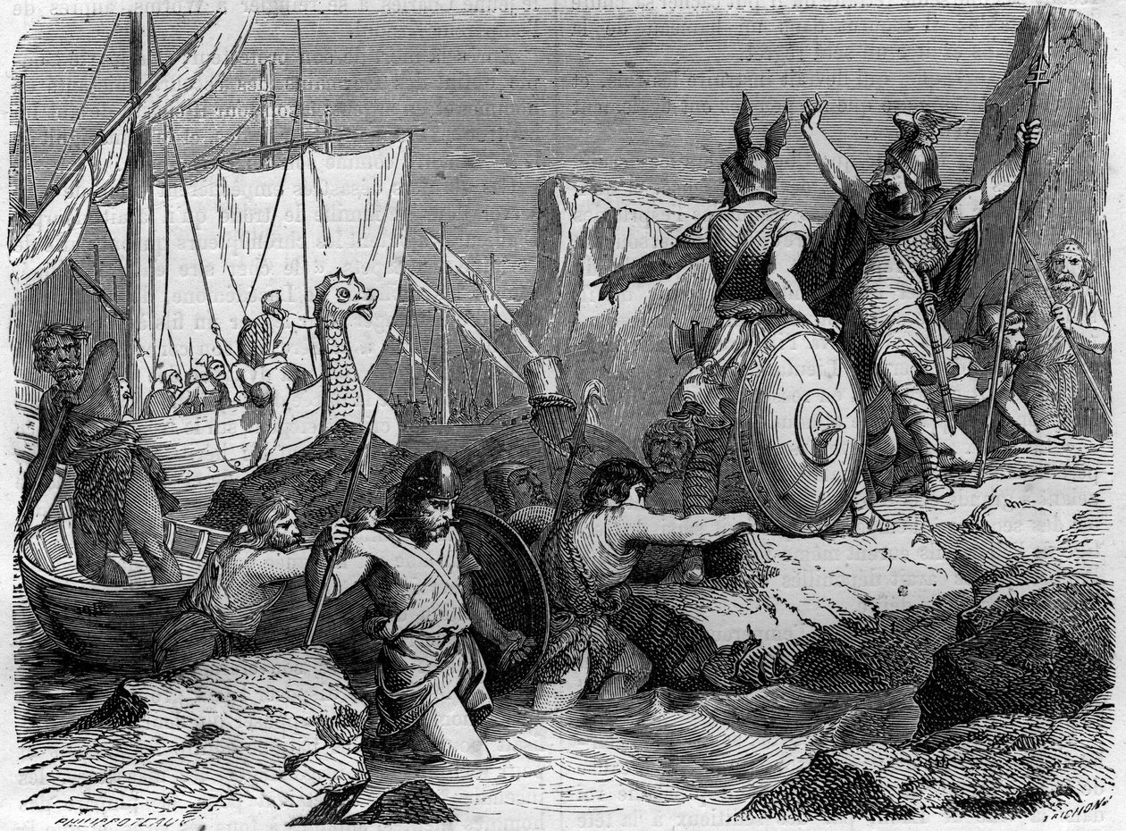 मध्य युग में फ्रांसीसी तट पर नॉर्मन्स का आगमन। मौरिस लछात्रे द्वारा "हिस्टोइरे डेस पेप्स-किंग्स-क्वीन-एट-एम्पीयर्स ए ट्रैवर्स लेस सेंचुरी" में उत्कीर्णन द्वारा फ्रेंच स्कूल