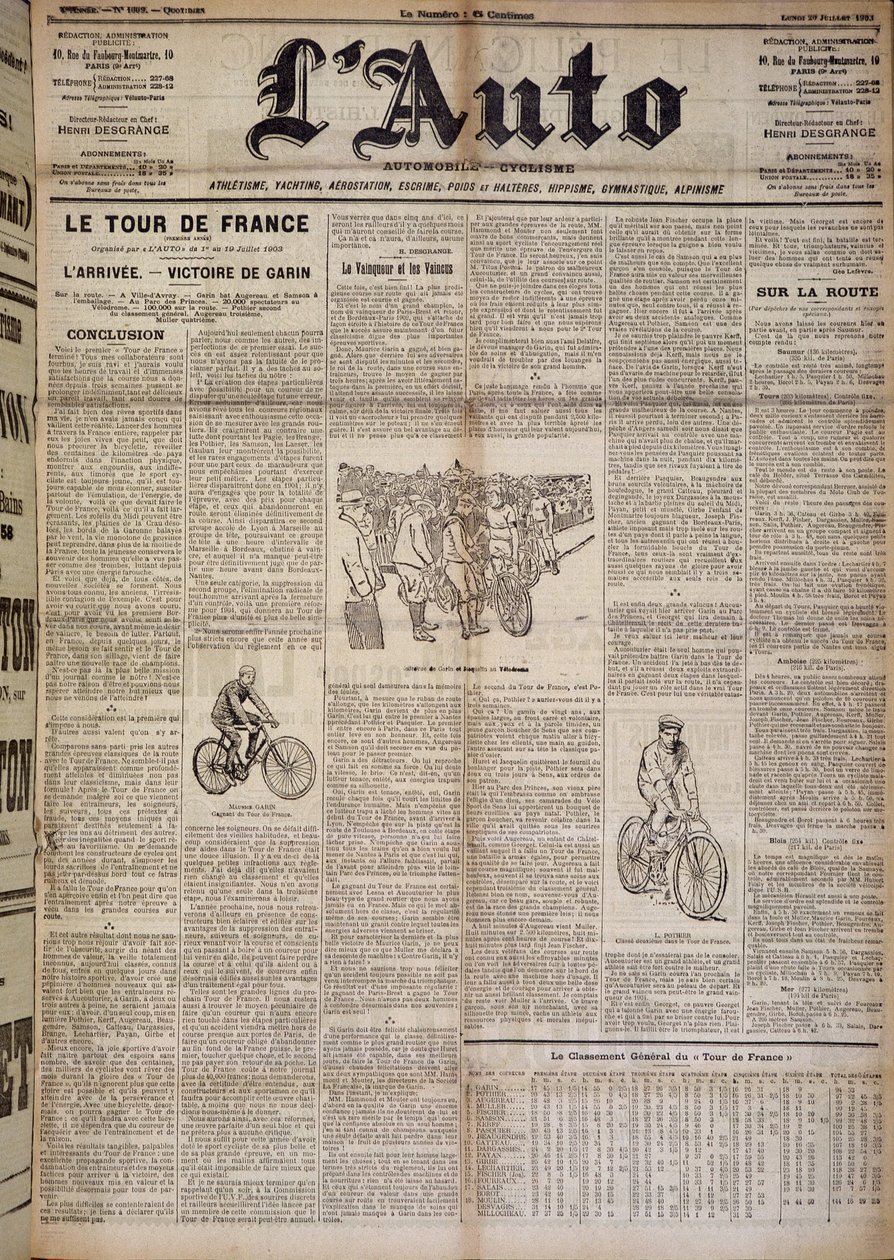 फ्रांस के पहले दौर के आगमन पर लेख - 20/07/1903 के "" L'Auto"" में द्वारा फ्रेंच स्कूल