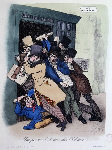 प्रकाशक के दरवाजे को घेरते कलाकार, c.1830 (कलर लिथो) द्वारा फ्रेंच स्कूल