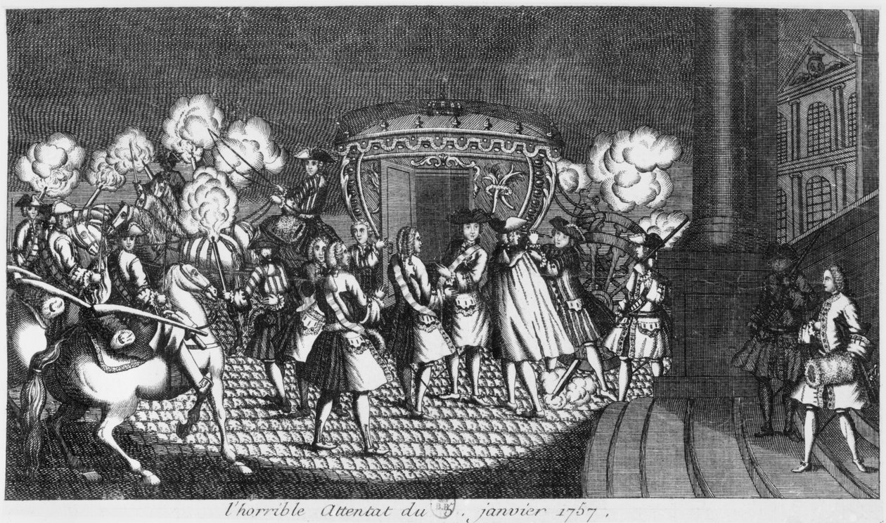 5 जनवरी 1757 को रॉबर्ट फ्रेंकोइस डैमेंस द्वारा राजा लुई XV (1710-74) पर हत्या का प्रयास द्वारा फ्रेंच स्कूल