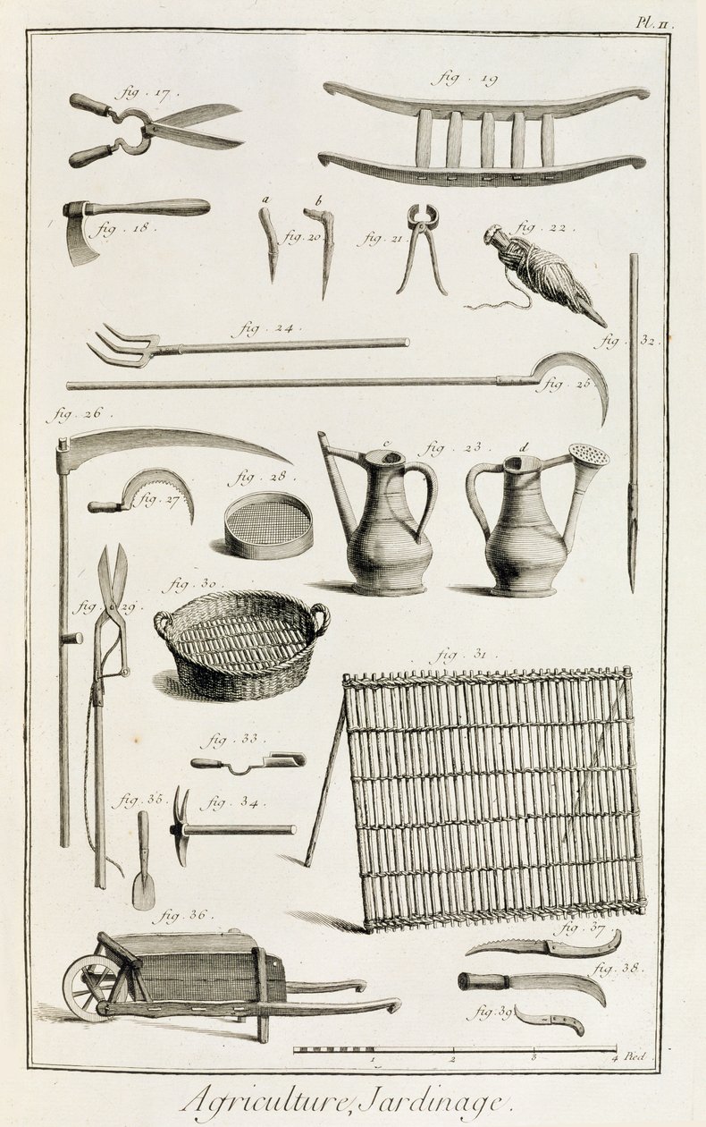 डेनिस डाइडेरोट (1713-84) द्वारा एनसाइक्लोपी डेस साइंसेज एट मेटियर्स से बागवानी उपकरणों का वर्गीकरण प्रकाशित किया गया है। c.1770 द्वारा फ्रेंच स्कूल