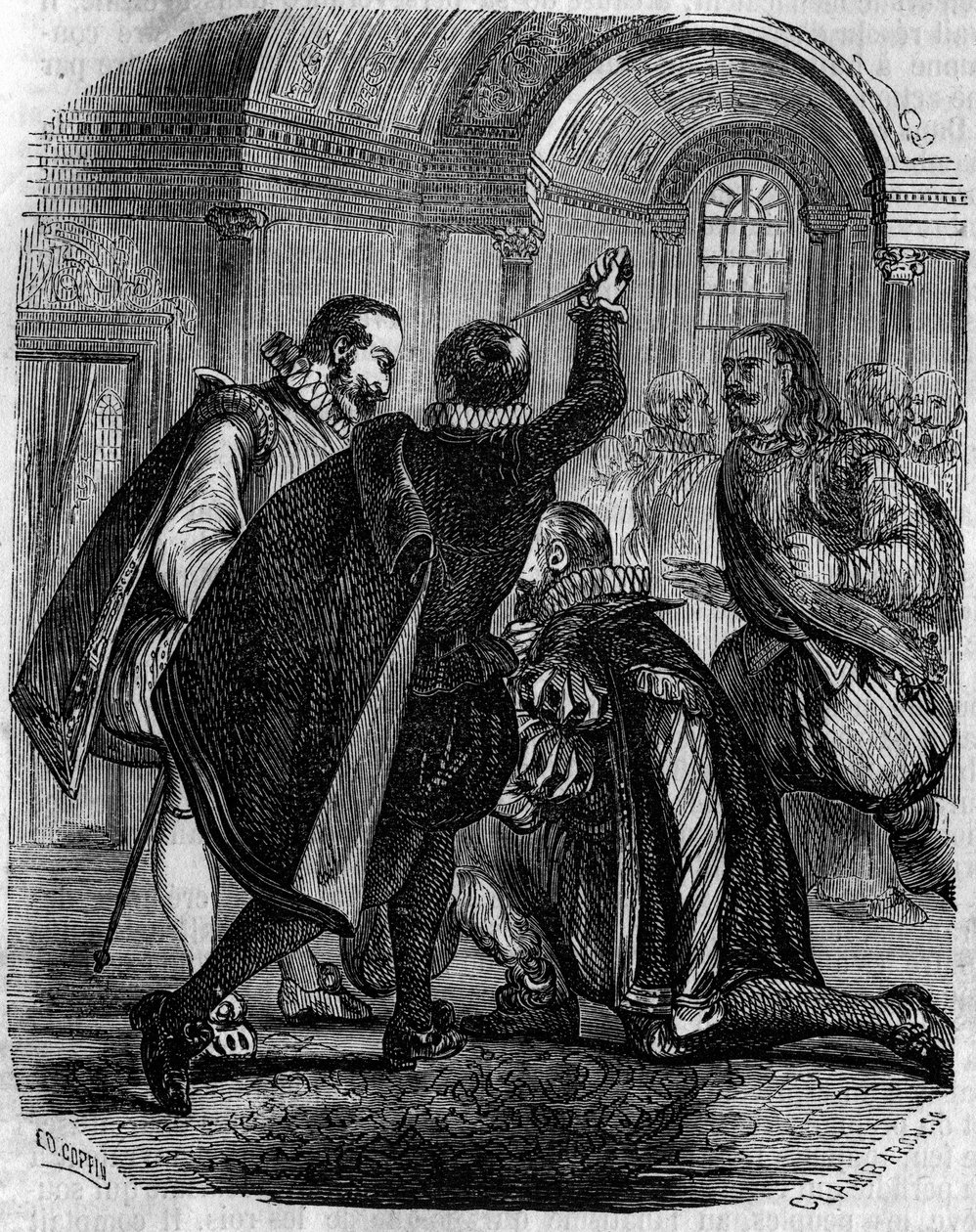 27 दिसंबर 1594 को फ्रांस के राजा हेनरी चतुर्थ पर जीन चैस्टल (जीन चेटेल) (1575-1594) की हत्या का प्रयास किया गया। 19वीं शताब्दी की नक्काशी। द्वारा फ्रेंच स्कूल