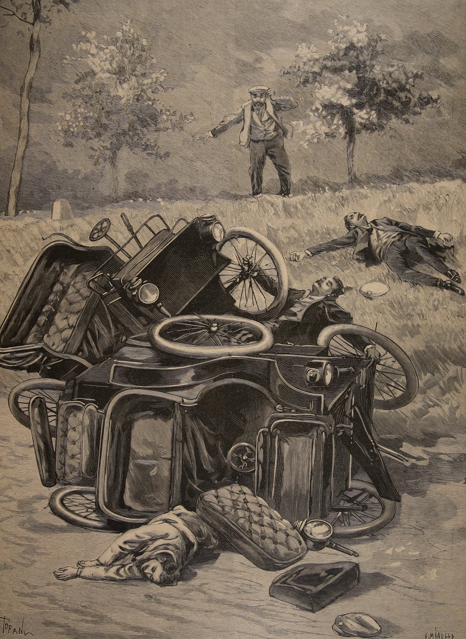 ऑटोमोबाइल दुर्घटना, ले पेटिट जर्नल से चित्रण: चित्रण पूरक, 1898 द्वारा फ्रेंच स्कूल