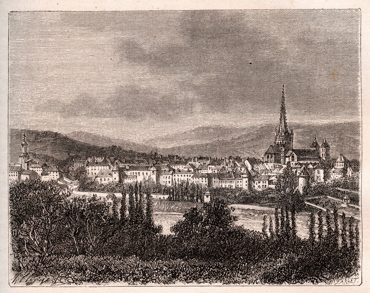 Autun - Saone-et-Loire विभाग - VA माल्ट-ब्राउन द्वारा "इलस्ट्रियस फ़्रांस: भूगोल, इतिहास, सांख्यिकीय प्रशासन" में उत्कीर्णन। १८८४ द्वारा फ्रेंच स्कूल