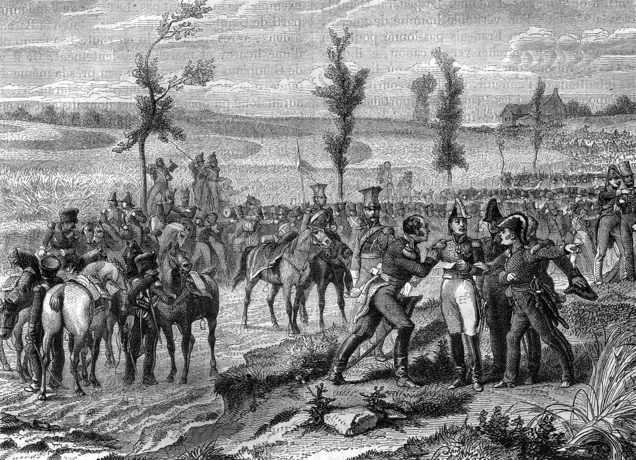 वाटरलू की लड़ाई, 1815 में सातवें गठबंधन का युद्ध, एडोल्फ थियर्स द्वारा 'वाणिज्य दूतावास के इतिहास के बाद साम्राज्य का इतिहास' से चित्रण द्वारा फ्रेंच स्कूल
