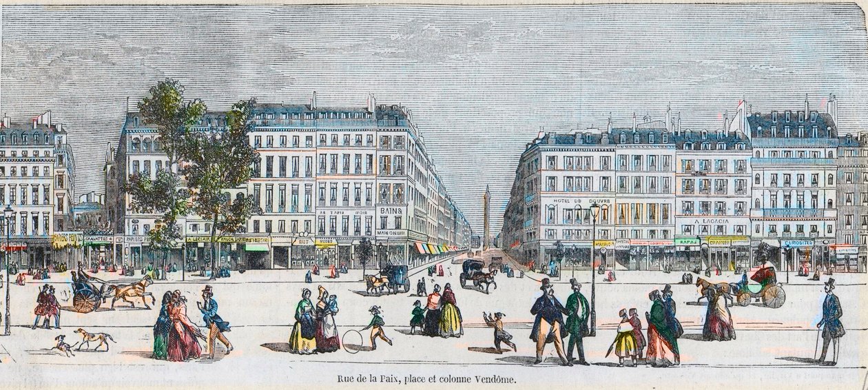 Boulevard des Capucines (दक्षिण तट) - रुए डे ला पैक्स, जगह और कॉलम वेंडोम - एडमंड टेक्सियर 1852 द्वारा "झांकी-डी-पेरिस" में उत्कीर्णन द्वारा फ्रेंच स्कूल